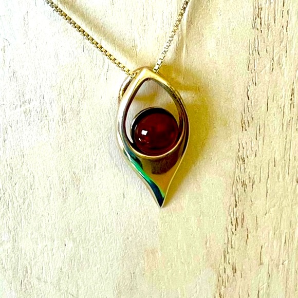 Baltic Amber Pendant Necklace Open Backed Teardrop 18” Chain .925 Silver EUC - Picture 2 of 12